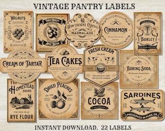 Vintage Pantry Labels Printable Set, Primitive Kitchen Jar Labels Farmhouse Decor, Food Storage Digital Download, Cottagecore Pantry, Baking