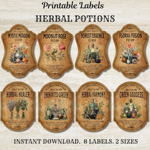 Herbal Potion Labels Printable, Herbal Apothecary Labels, Herbs Potion Labels, Witch Potion Labels, Potion Bottle Labels Printable, Vintage
