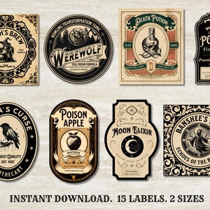 Puede incluir: Un conjunto de etiquetas de boticario de estilo vintage con temas g&oacute;ticos y de Halloween. Los dise&ntilde;os incluyen "Witch's Brew", "Werewolf", "Death Potion", "Poison", "Raven's Curse", "Poison Apple", "Moon Elixir" y "Banshee's Wail". Las etiquetas son de varias formas y tama&ntilde;os.