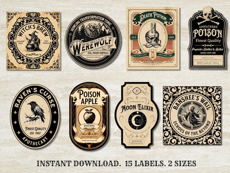 Puede incluir: Un conjunto de etiquetas de boticario de estilo vintage con temas g&oacute;ticos y de Halloween. Los dise&ntilde;os incluyen "Witch's Brew", "Werewolf", "Death Potion", "Poison", "Raven's Curse", "Poison Apple", "Moon Elixir" y "Banshee's Wail". Las etiquetas son de varias formas y tama&ntilde;os.