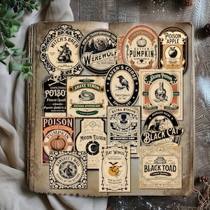 Puede incluir: Una colecci&oacute;n de etiquetas de boticario de estilo vintage con varios dise&ntilde;os y texto. Las etiquetas presentan ilustraciones de una bruja, un hombre lobo, un cuervo, una serpiente, una calabaza y otros elementos espeluznantes.