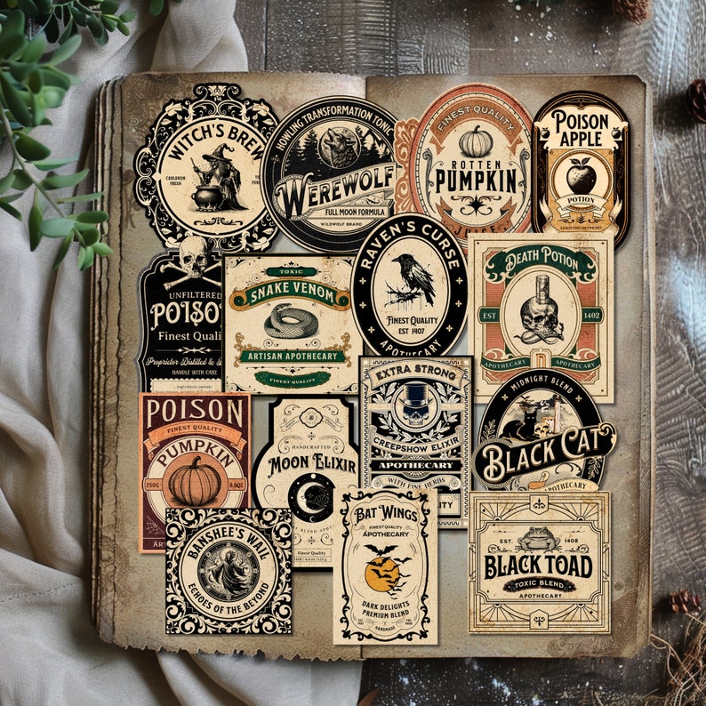 Puede incluir: Una colecci&oacute;n de etiquetas de boticario de estilo vintage con varios dise&ntilde;os y texto. Las etiquetas presentan ilustraciones de una bruja, un hombre lobo, un cuervo, una serpiente, una calabaza y otros elementos espeluznantes.