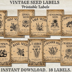 May include: A collection of vintage-style seed labels with botanical illustrations. The labels display names like corn, mint, zinnia, sage, sunflower, parsley, pumpkin, basil, carrot, lavender, and marigold. Each label has a decorative border and text, with the words "Vintage Seed Labels" at the top.