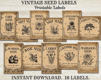 Vintage zaadetiketten digitale download, Victoriaanse boerderij kruid groente bloem pakketetiketten, primitieve afdrukbare tuin en voorraadkast jaren 1800