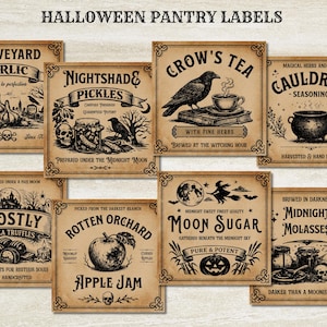 Etiquetas vintage de Halloween para despensa, despensa de bruja, etiquetas primitivas para dulces de Halloween, etiquetas antiguas para frascos de cocina de Halloween, Halloween victoriano