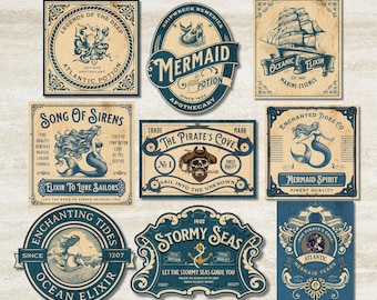 Vintage Mermaid Labels, Mermaid Printable Labels,Mermaid Apothecary Jar Labels,Potion Labels, Siren Labels,Mermaid Theme Bottle Labels,Ocean