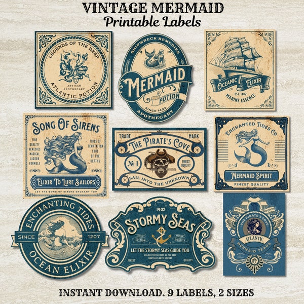 Etichette sirena vintage, Etichette stampabili sirena, Etichette barattolo farmacia sirena, Etichette pozioni, Etichette sirena, Etichette bottiglie a tema sirena, Oceano