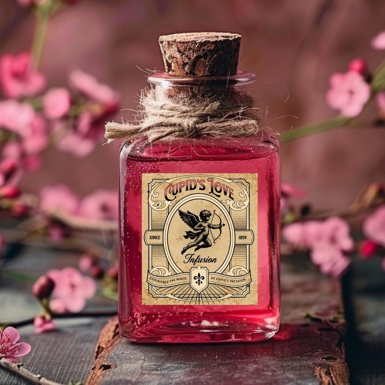 Może przedstawiać: Mała szklana butelka z korkowym korkiem i czerwonym płynem w środku. Butelka ma etykietę w stylu vintage z napisem "Cupid's Love Infusion" z motywem cheruba i datami "Since 1859" i "1859".