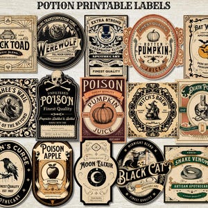 May include: A collection of vintage-style potion labels with various designs and text. Labels include "Black Toad," "Werewolf," "Poison," "Pumpkin Juice," and "Black Cat." The labels are in shades of beige, black, and orange, perfect for Halloween or apothecary-themed projects.