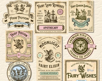 Fairy-etiketten, afdrukbare feeënlabels, fee apotheker jar-etiketten, flessenetiketten, drankjesetiketten, vintage Fairy Junk Journal, ouderwets