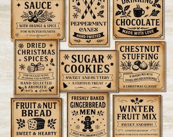 May include: A collection of nine rectangular tan labels with black text and illustrations featuring holiday food themes including cranberry sauce, peppermint canes, drinking chocolate, dried spices, sugar cookies, chestnut stuffing, fruit and nut bread, gingerbread men, and winter fruit mix.