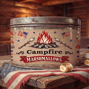 Patriotic Campfire Marshmallows Tin Wraps Printable,Vintage Marshmallow Label, Tin Wraps Digital Download,Primitive Tin Wrap,Retro 4th July
