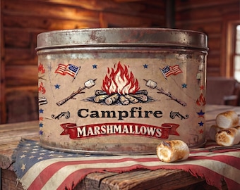 Patriottisch kampvuur marshmallows blikverpakking afdrukbaar, vintage marshmallowlabel, vintage Americana, primitieve blikverpakking, retro 4 juli