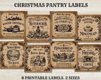 Vintage kerstvoorraadkastetiketten, primitieve kerstvoedseletiketten, primitieve kerstkoekjes, vintage Victoriaanse kerstvoedselkeukenetiketten