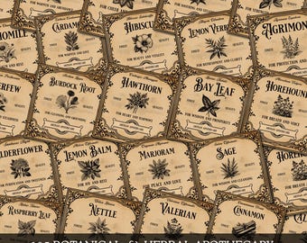 Etiquetas imprimibles para boticario de hierbas, etiquetas vintage de hierbas y especias botánicas con significados, organización de boticario de brujas, boticario a la antigua usanza