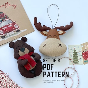 Christmas ornaments PDF pattern Set of 2 digital pattern Christmas moose Christmas bear easy sewing felt pattern DIY Christmas gifts