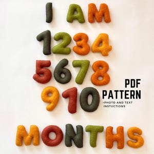 May include: A felt PDF pattern featuring the words "I AM" and the numbers 1 to 10, along with the word "MONTHS". The letters and numbers are in shades of green, orange, and brown. The text "PDF PATTERN" is also visible, with photo and text instructions.