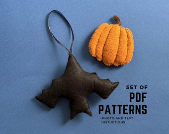 May include: A felt bat ornament with a silver ribbon and an orange felt pumpkin ornament. The text "SET OF PDF PATTERNS" is displayed on a blue background. The image also includes the text "+PHOTO AND TEXT INSTUCTIONS".