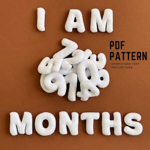 May include: White felt letters and numbers on a brown backdrop. The words "I AM MONTHS" are displayed, with a pile of numbers in the centre. Text on the right reads "PDF PATTERN + PHOTO AND TEXT INSTRUCTIONS".