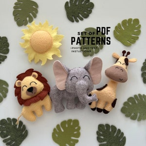 Könnte beinhalten: Ein Set mit PDF-Mustern zum Nähen von Filztier-Spielzeug. Das Set enthält einen Löwen, einen Elefanten, eine Giraffe und eine Sonne. Die Muster enthalten Foto- und Textanleitungen.