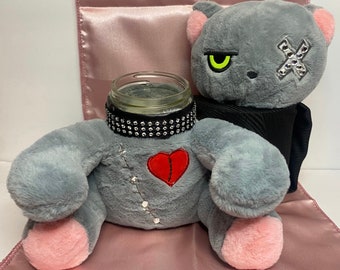 Grey Bedazzled Gothic Cat Plush Stash jar, Animal Doll Stuffed Toy, Mason Jar 8oz - 16oz