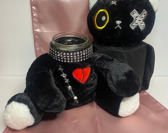 Black Bedazzled Gothic Cat Plush Stash jar, Animal Doll Stuffed Toy, Mason Jar 8oz