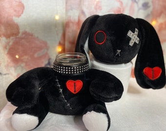 Bedazzled Gothic Rabbit Plush Stash Jar: Animal Stuffed Toy (8 -16oz Mason Jar)