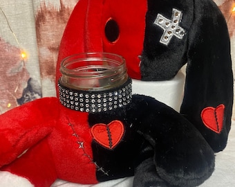 Red Bedazzled Gothic Rabbit Plush Stash Jar: Handmade Stuffed Animal Doll 8oz -16oz