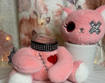 Pink Bedazzled Gothic Cat Plush Stash Jar: Animal Doll Stuffed Toy (8oz Mason Jar)