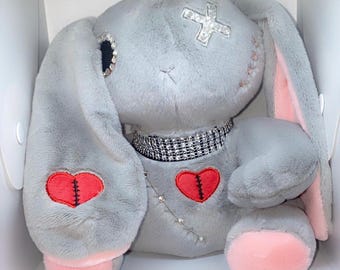 Grey Bedazzled Gothic Rabbit Plush: Stash Jar Animal Doll (8oz Mason Jar)