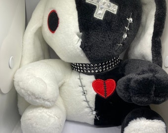 White/black Gothic Rabbit Plush Stash Jar: Bedazzled Animal Doll (8oz Mason Jar)