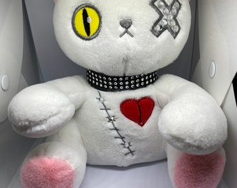 White Bedazzled Gothic Cat Plush: Stash Jar Stuffed Animal (8 or 16oz Mason Jar)
