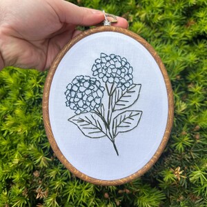 May include: Embroidered floral hoop art featuring two hydrangea blooms in shades of teal and green. The design is stitched on white fabric and set within a round wooden hoop. The artwork is held against a backdrop of green foliage.