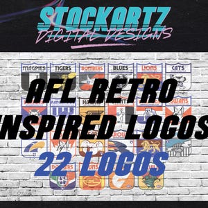 Puede incluir: Una pared de ladrillo blanco con 22 logotipos retro diferentes de equipos de fútbol australiano. Los logotipos son de varios colores y presentan nombres de equipos como "Magpies", "Tigers", "Bombers", "Blues", "Lions", "Cats", "Swans" y "Kangaroos". También se puede ver el texto "AFL Retro Inspired Logos" y "22 Logos".