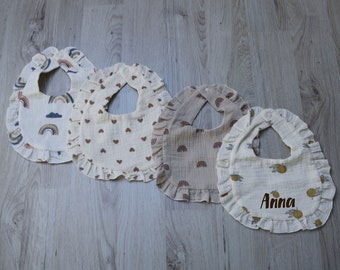 Baby muslin neckerchief collar bib with ruffles personalized with name