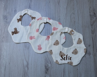 Baby muslin neckerchief collar bib with ruffles personalized with name