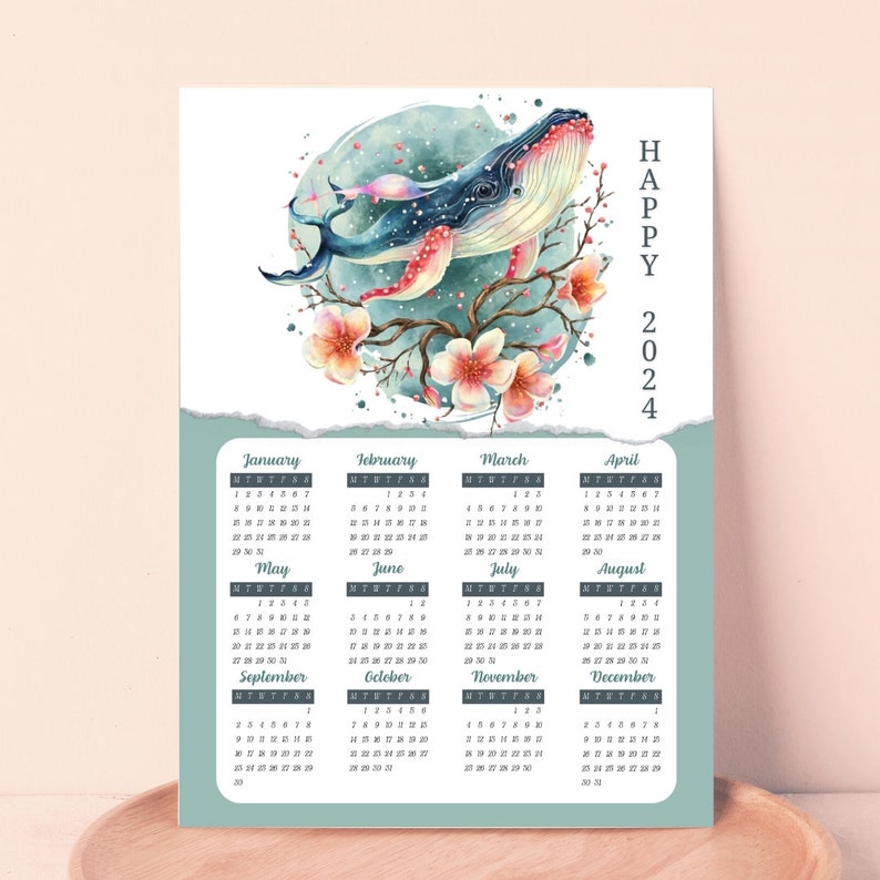 Blue Whale 2024 Printable Calendar, Watercolor Style, Colorful 2024