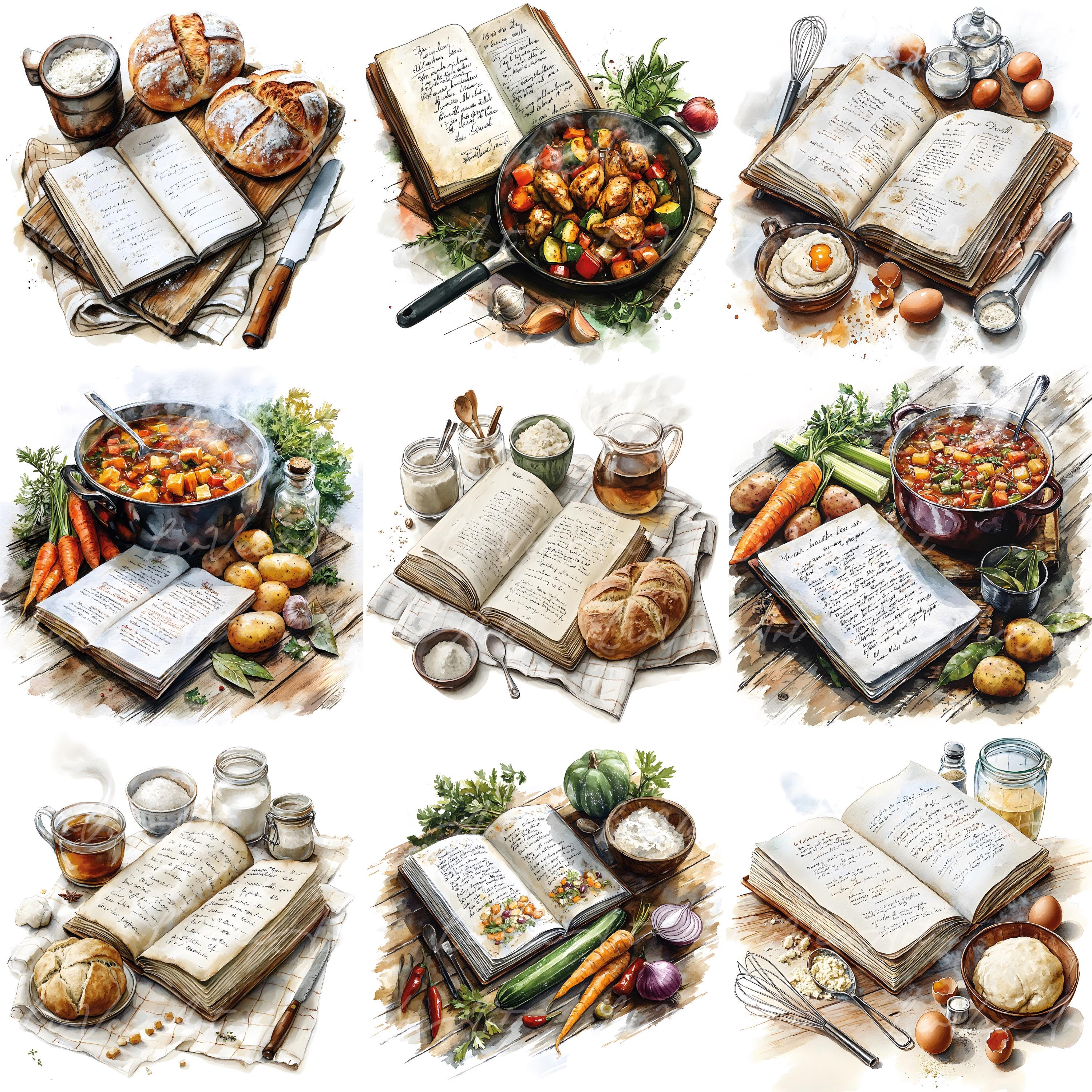 Vintage Watercolor Cookbook Clipart – Rustic Recipe Book Illustrations ...