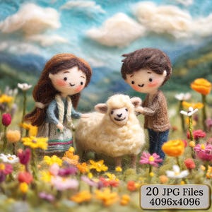 Felt Style Summer Animals Clipart – 20 Cute Kids with Animals Digital Art Prints, Wool Texture Illustration, Whimsical Storybook Scenes