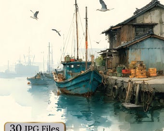 Japanese Fishing Village Clipart – 30 Watercolor Illustrations of Coastal Houses, Boats, Docks, Lanterns, Scrapbooking, Journaling, Posters