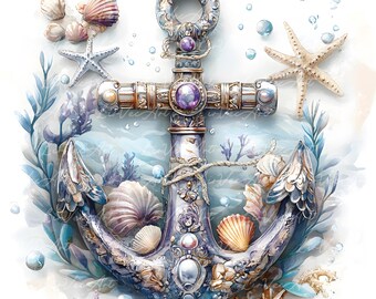 Underwater Treasures Clipart Set - 35 Ocean Goldfish, Pearls, Anchors, Coral Frames, Shells, Helm Wheels, Sea Crowns, Sea Life Art, DIY