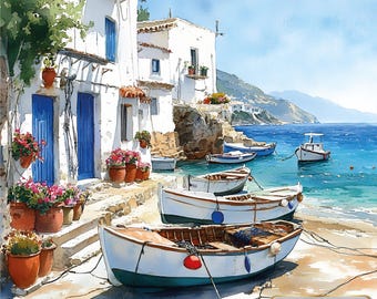 Mediterranean Fishing Village Clipart – Sunny Seaside Houses, Boats on Beach, Fishing Nets, Coastal Watercolorart, 28 Clipart for Wallart