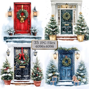 Watercolor Christmas Doors Clipart – 35 Festive Winter Front Doors, Holiday Wallart, Posters, Scrapbooking, Stickers, Cards, Invitations