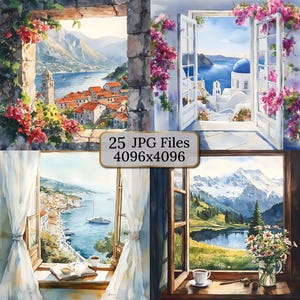 25 Europese raamuitzichten aquarel clipart - Griekenland, Rivièra, Amalfikust, Zwitserse Alpen, Middellandse Zee, schilderachtig landschap, open raamuitzicht
