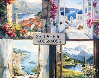 25 European Window Views Watercolor Clipart – Greece, Riviera, Amalfi Coast, Swiss Alps, Mediterranean, Scenic Landscape, Open Window View