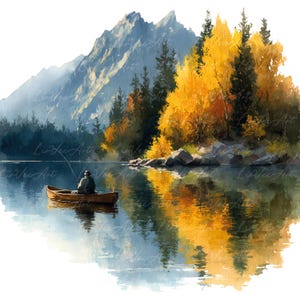 Clipart van bergmeervissen - 21 aquarellandschapsillustraties met boot, bos, weerspiegelingen en bergtoppen, dagboek, plakboek, doe-het-zelf