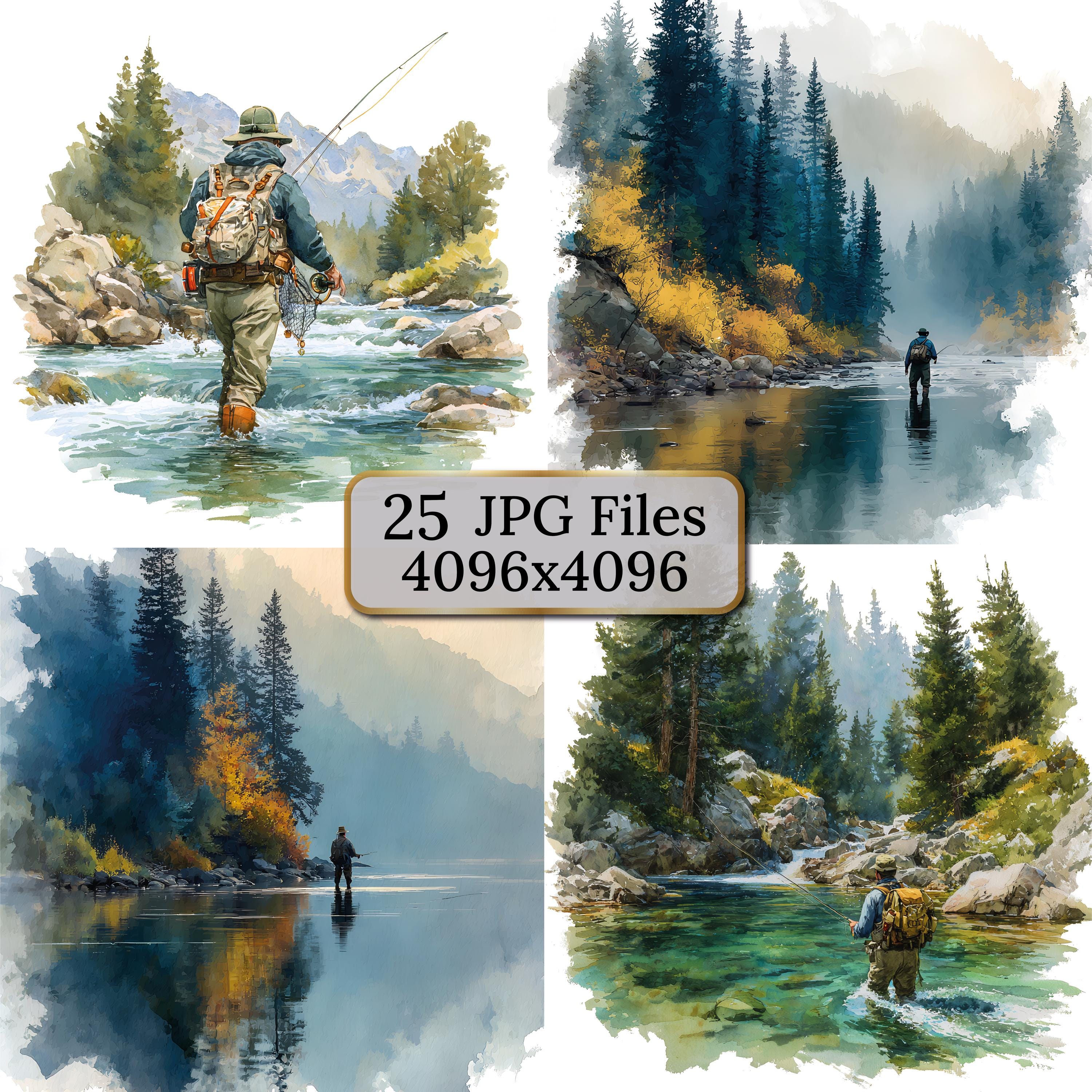 Fly Fishing in Mountain Rivers – 25 Watercolor Trout Fishing Art Prints, Scenic Wilderness Landscape, Rustic Wallart, Journal, Scrapbooking