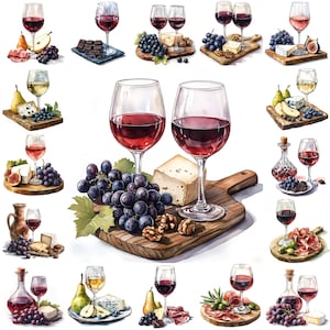 Clipart di vino e snack ad acquerello, bicchieri da vino rosso e bianco con formaggio, uva, prosciutto, pera, cioccolato, Foodart, decorazioni artistiche da cucina, Rusticart