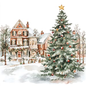 10 set di clipart acquerello villaggio di Natale, arte cartolina di Natale, clipart acquerello stampabile, download digitale, artigianato con la carta, uso commerciale