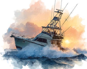 Sportfishing Yacht at Sea – 28 Watercolor Fishing Boat Prints with Waves and Rods, Tuna Fishing Art, Ocean Adventure Clipart, Wallart, DIY